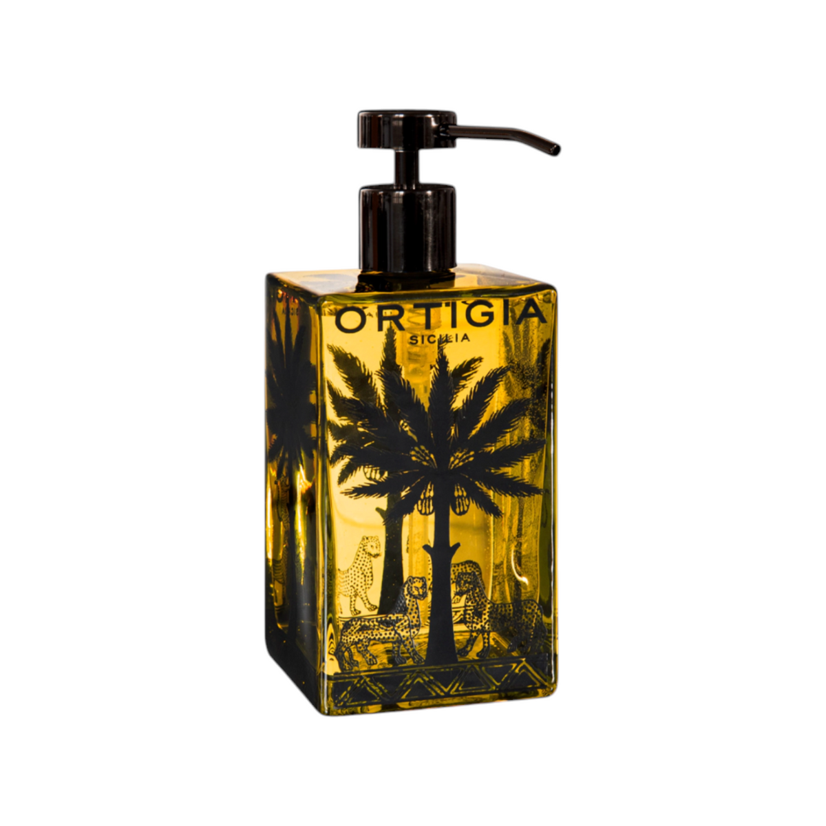 The Tiny Finch Zagara liquid soap in a square glass bottle with orange blossom scent and palm tree leopard print
