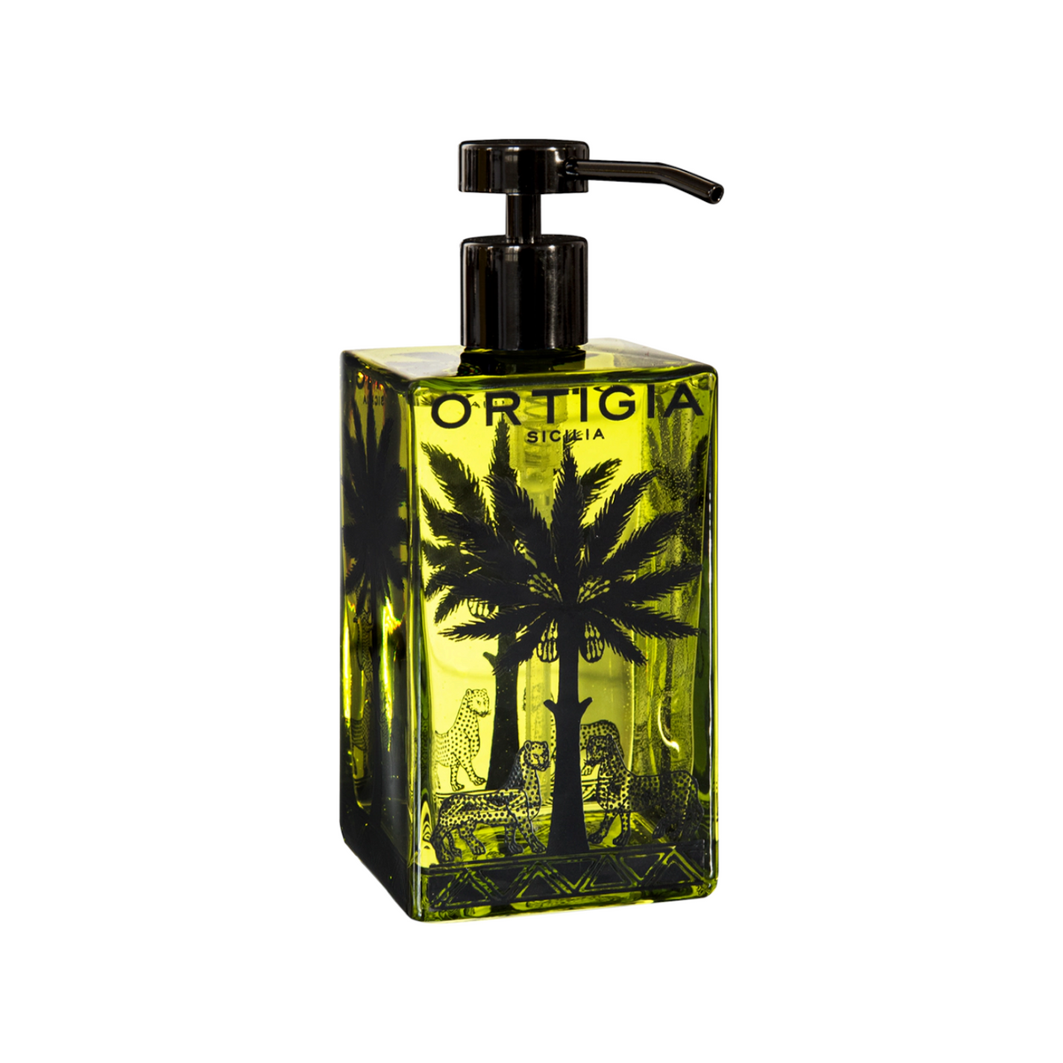 The Tiny Finch Fico d'India liquid soap in a square green glass bottle with black palm tree and leopard print design.