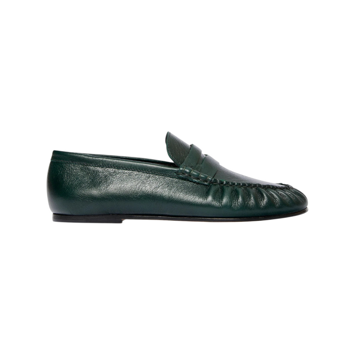 The Tiny Finch Sydney Everest loafer in dark green crinkle patent Italian leather with ruched detailing.