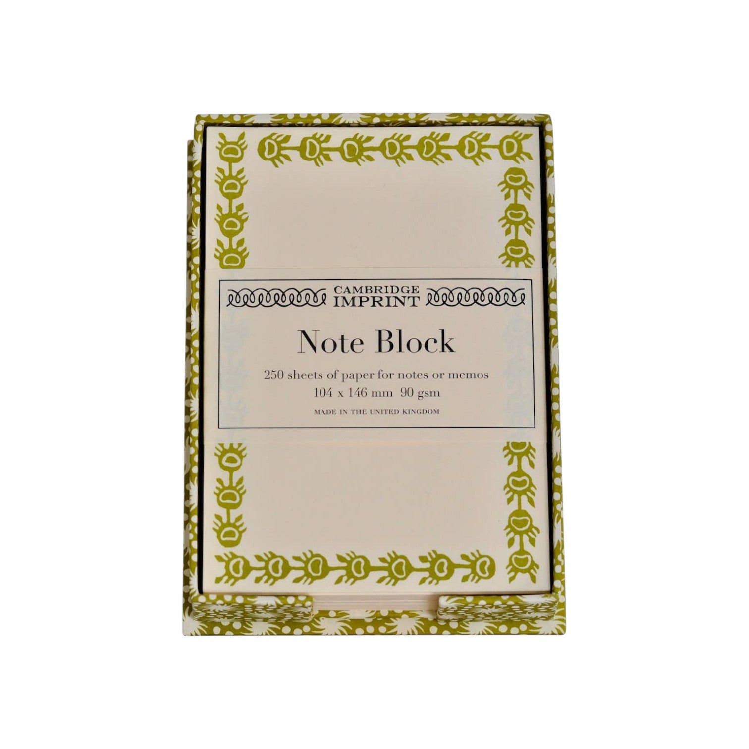 The Tiny Finch note holder in Animalcules Bawden Green featuring a patterned paper tray and 250 ivory memo sheets.
