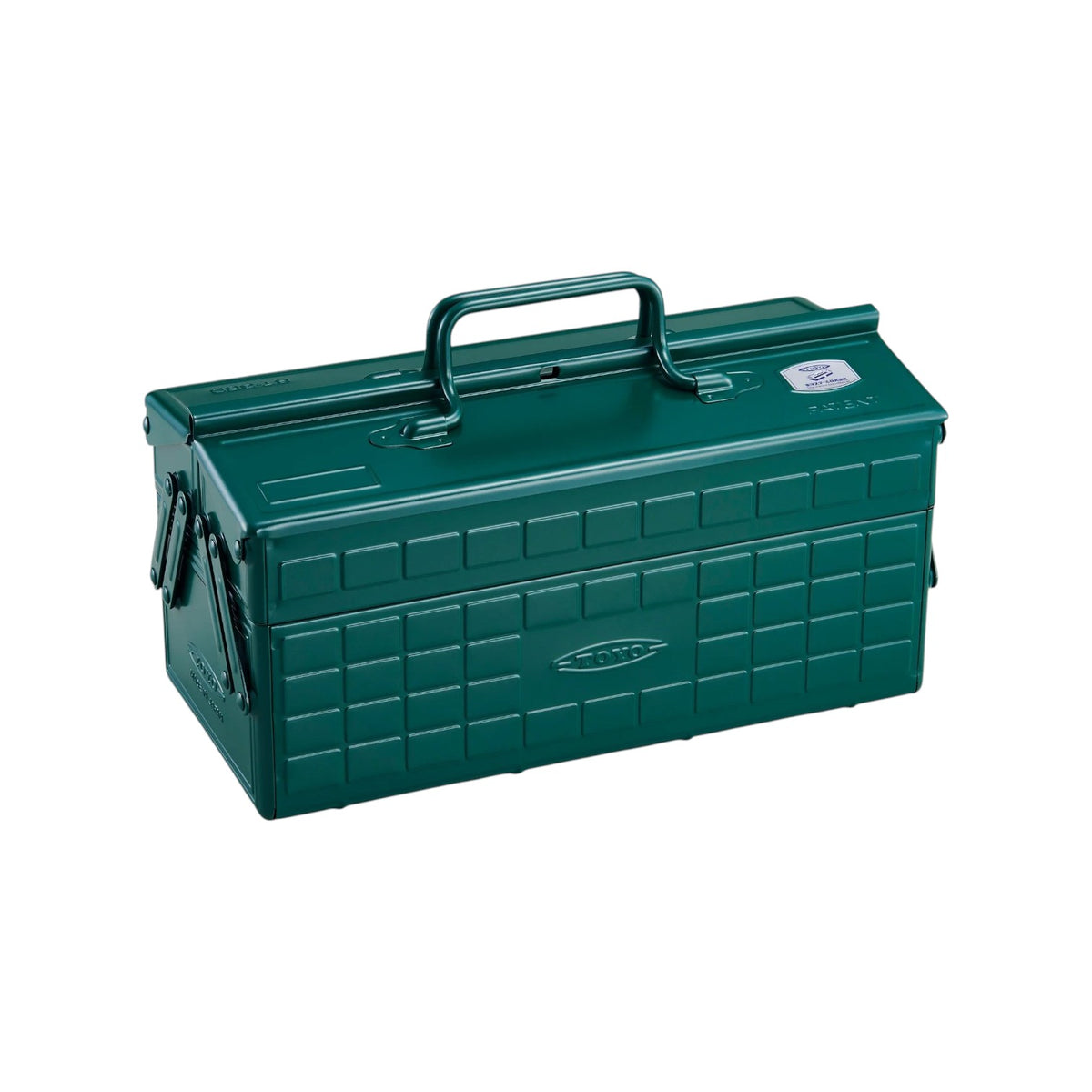The Tiny Finch Toyo Steel ST-350 cantilever toolbox in antique green with a durable metal design and top handle.