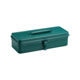 The Tiny Finch Toyo Steel T-320 trunk shape toolbox in antique green with a flat lid and top handle.