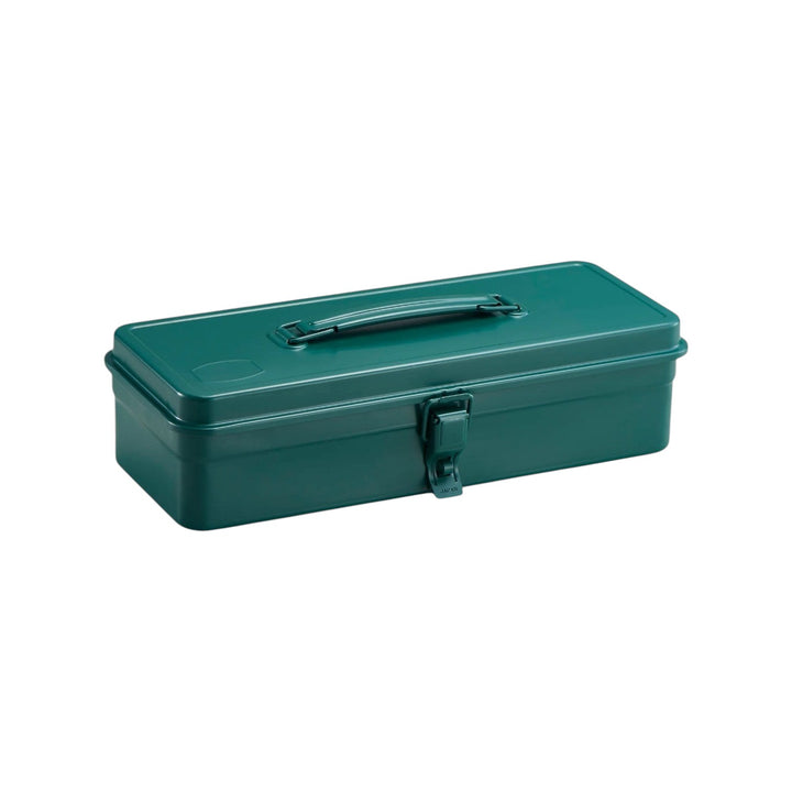The Tiny Finch Toyo Steel T-320 trunk shape toolbox in antique green with a flat lid and top handle.