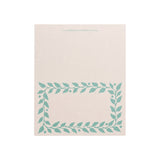 The Tiny Finch pack of twelve aquamarine place cards on cream cardstock with a decorative leaf border pattern.