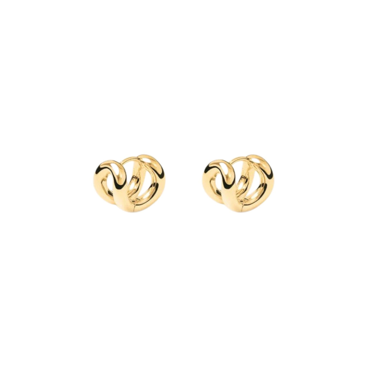 The Tiny Finch Asta Earrings in 18 carat gold-plated sterling silver with a sculptural, interwoven hoop design.