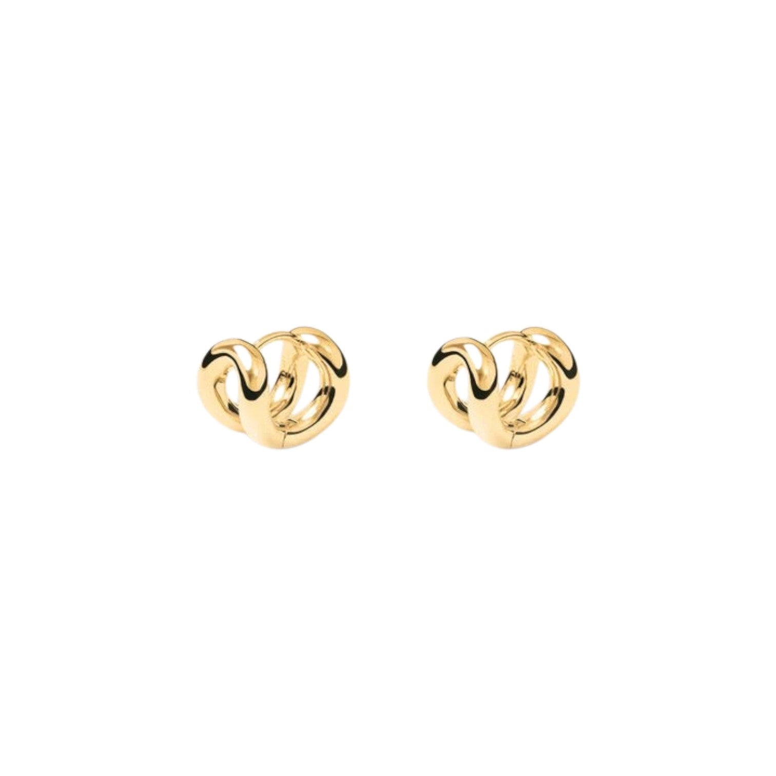 The Tiny Finch Asta Earrings in 18 carat gold-plated sterling silver with a sculptural, interwoven hoop design.