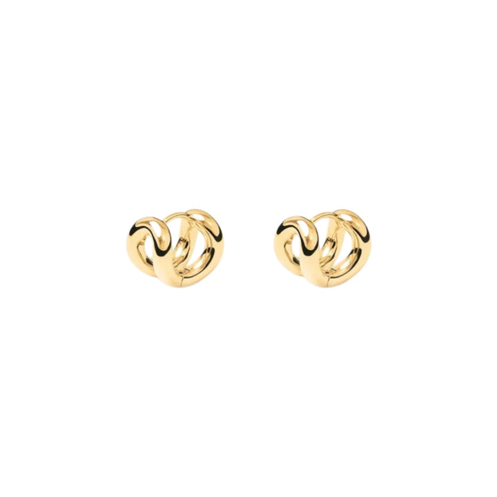 The Tiny Finch Asta Earrings in 18 carat gold-plated sterling silver with a sculptural, interwoven hoop design.