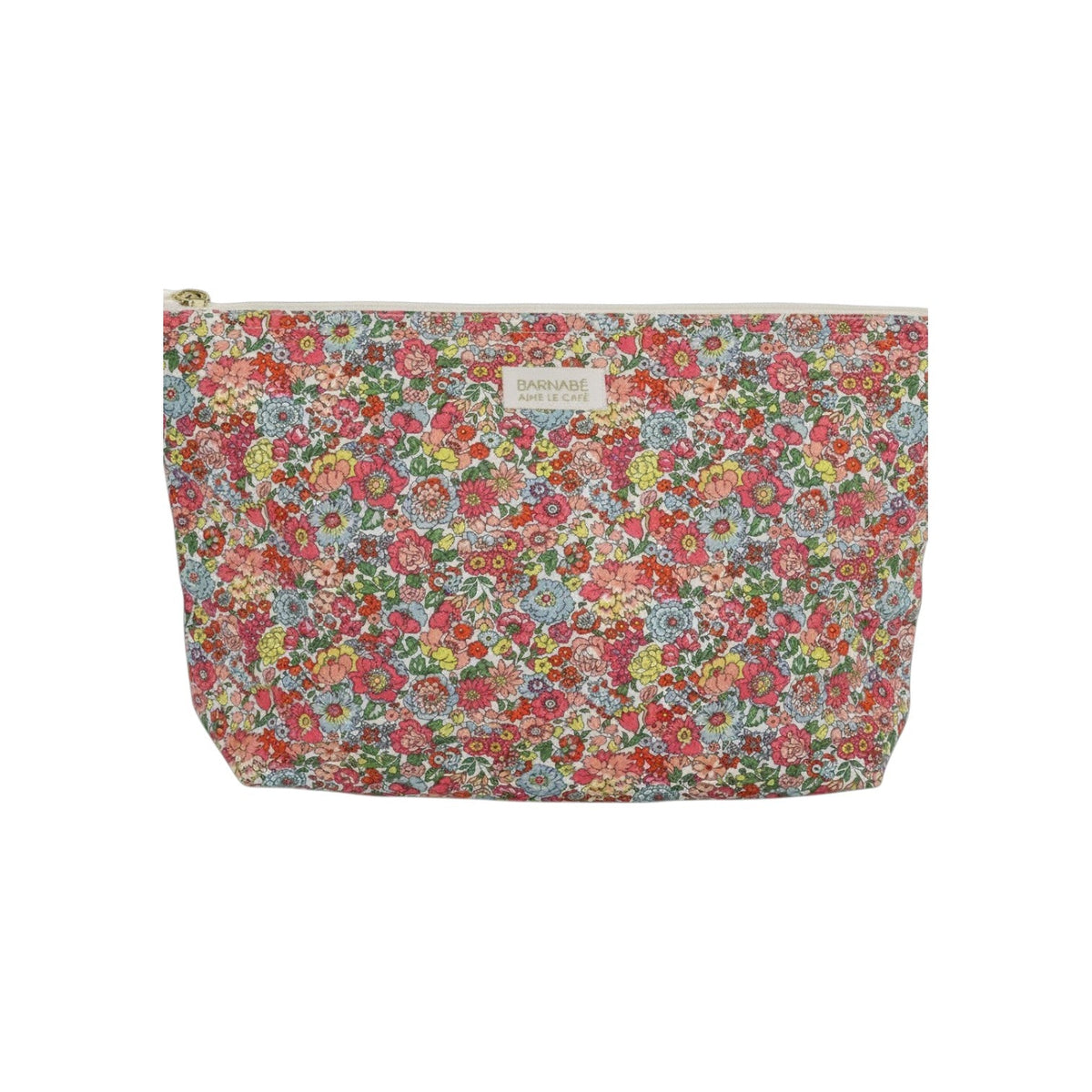 The Tiny Finch Augustine baby toiletry bag in a colourful floral Liberty London cotton fleece print with brass zipper