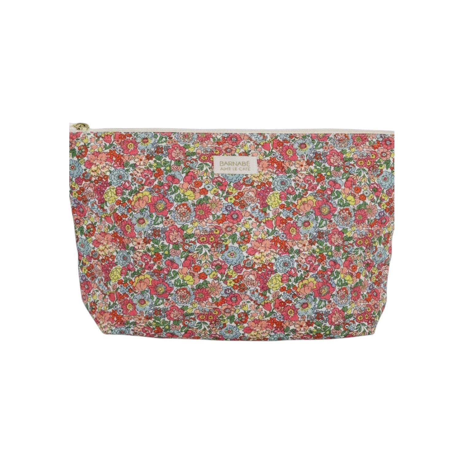 The Tiny Finch Augustine baby toiletry bag in a colourful floral Liberty London cotton fleece print with brass zipper