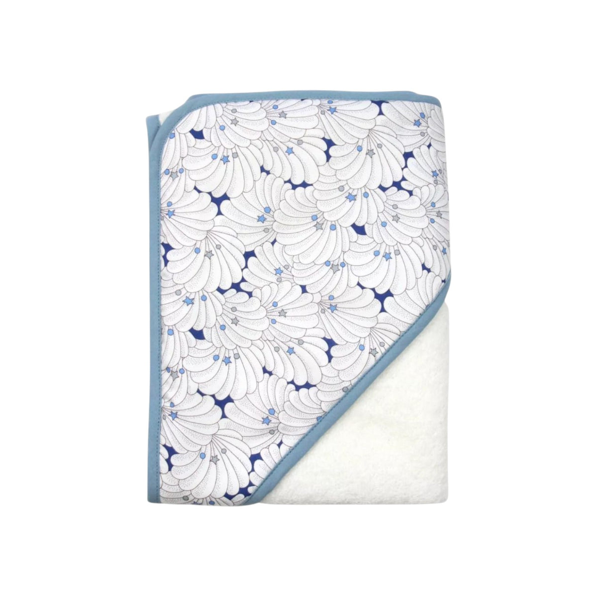 The Tiny Finch baby bath towel with blue and white shell pattern Liberty fabric and soft white sponge loop backing.