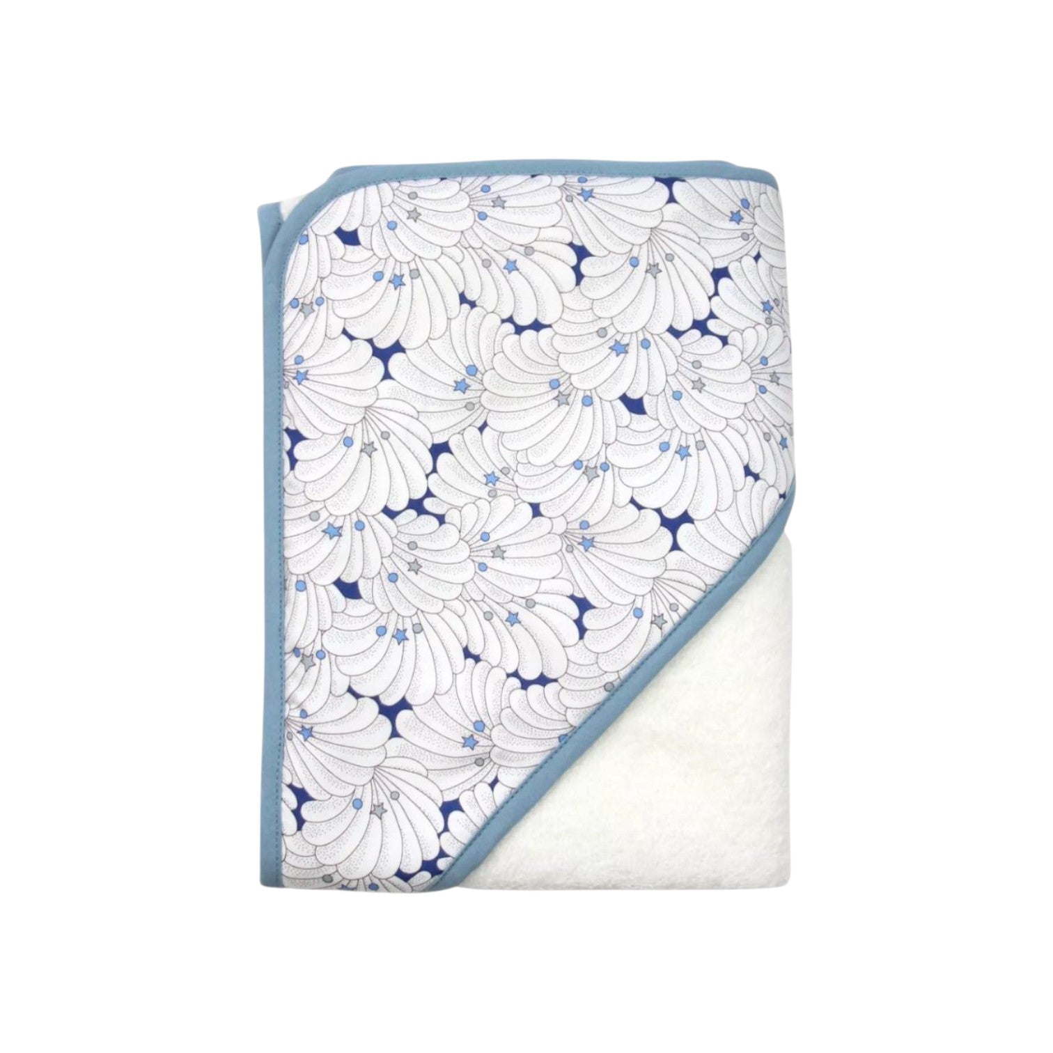 The Tiny Finch baby bath towel with blue and white shell pattern Liberty fabric and soft white sponge loop backing.