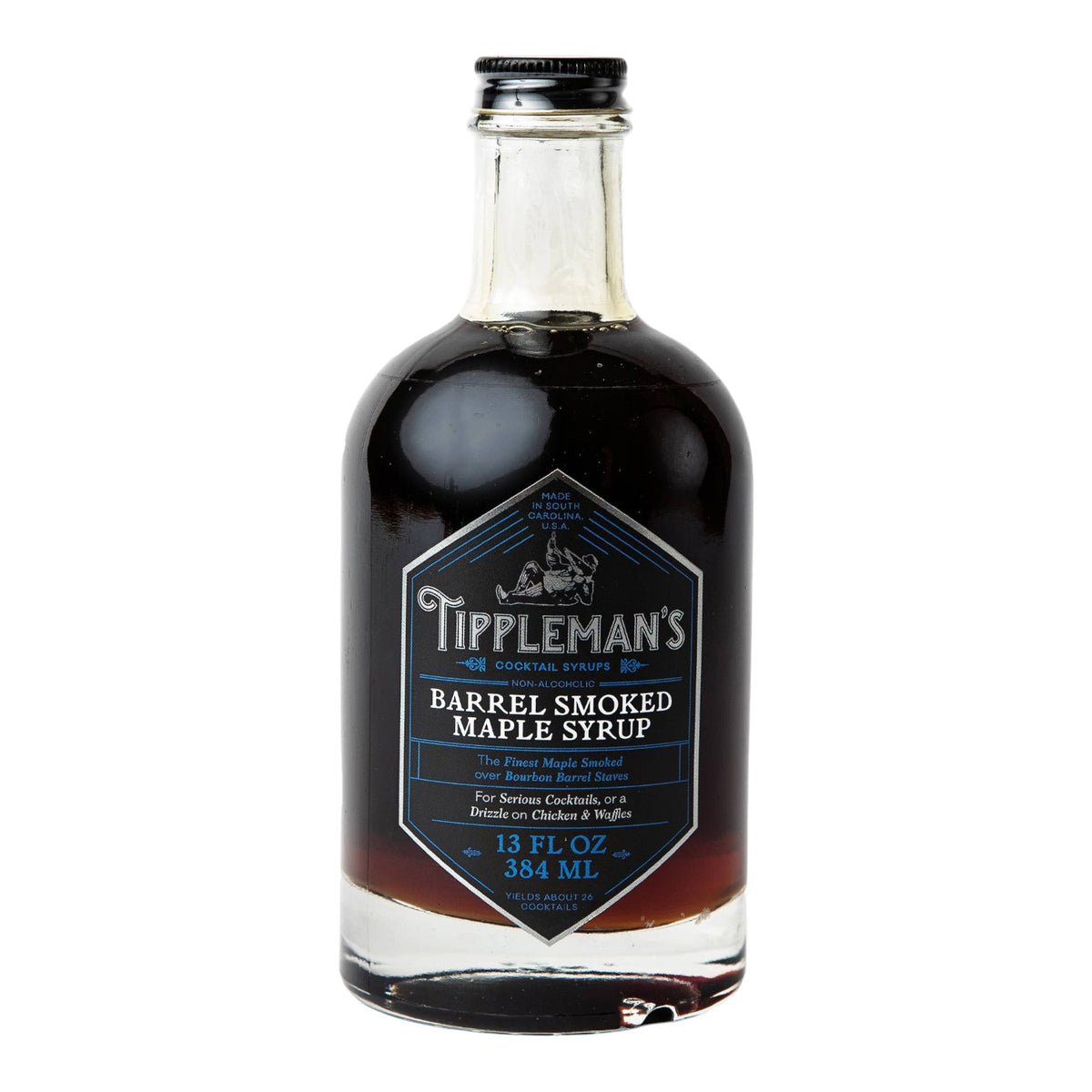 The Tiny Finch Tippleman's barrel smoked maple syrup in a glass bottle with a black label for cocktail mixing.