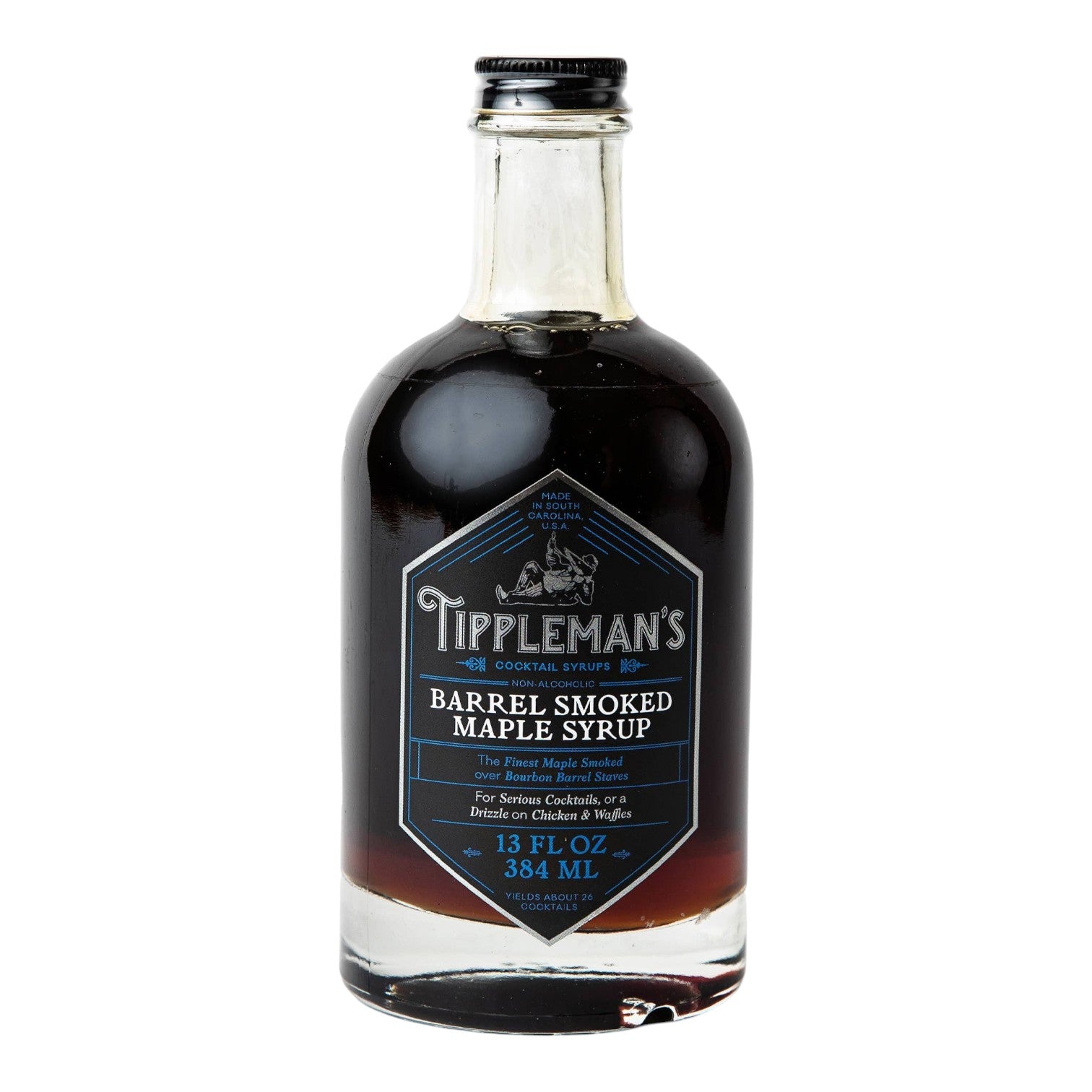 The Tiny Finch Tippleman's barrel smoked maple syrup in a glass bottle with a black label for cocktail mixing.