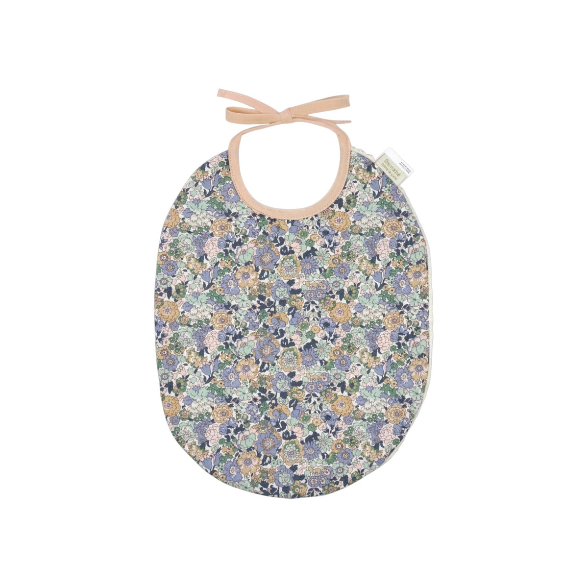 The Tiny Finch Bib Jenny featuring a floral Liberty fabric print with a soft sponge backing and tie closure.