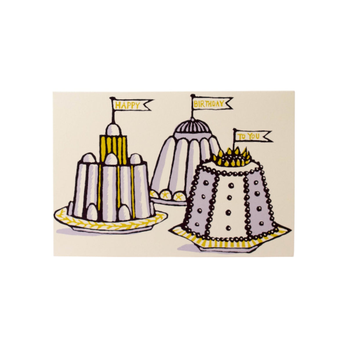 The Tiny Finch birthday card featuring illustrated puddings with Happy Birthday To You flags on ivory cardstock.