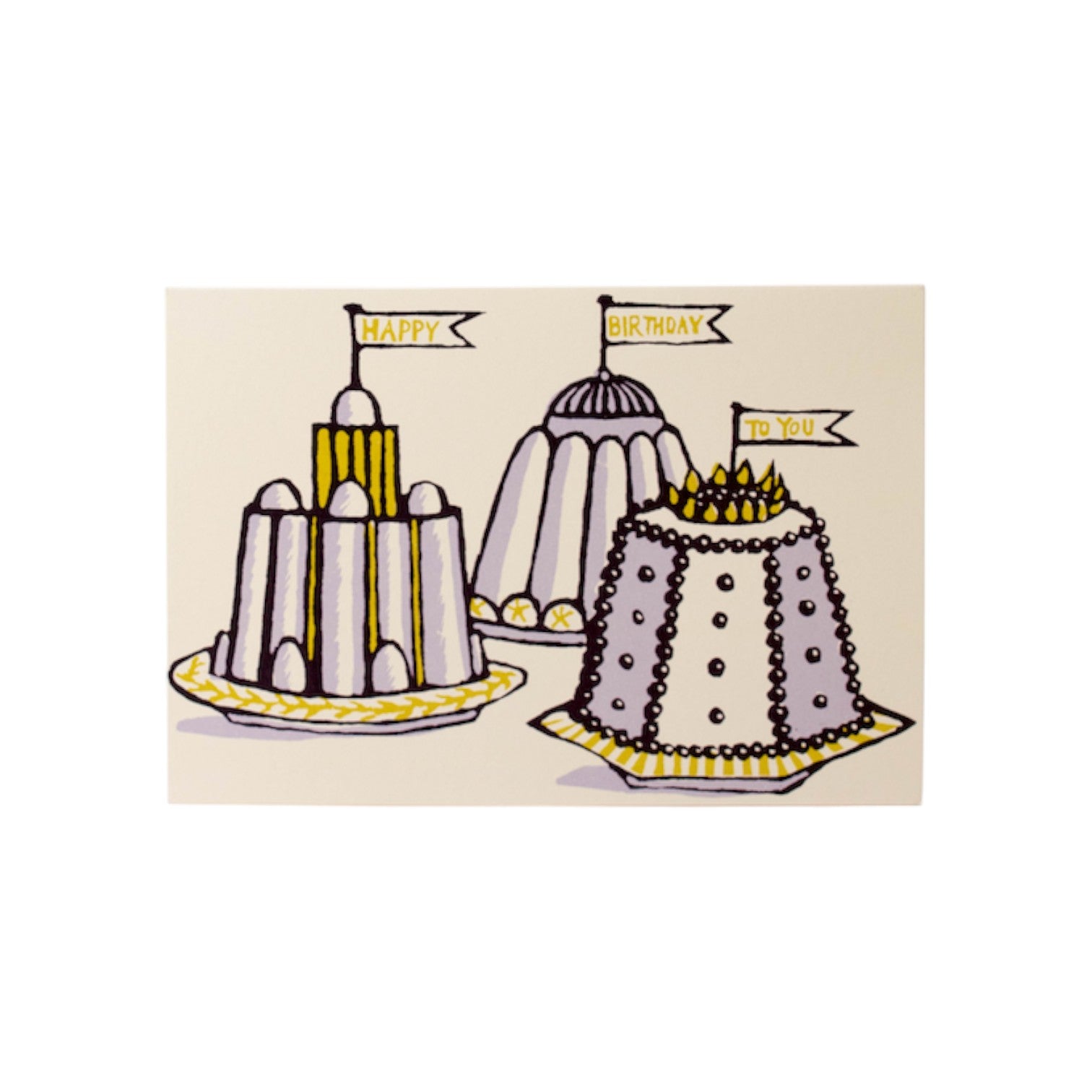 The Tiny Finch birthday card featuring illustrated puddings with Happy Birthday To You flags on ivory cardstock.