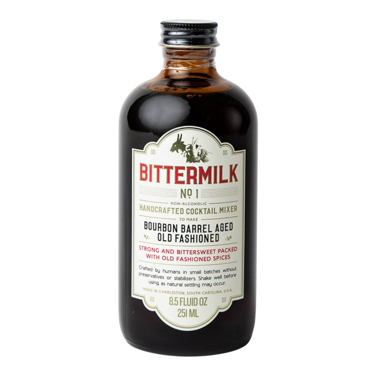 The Tiny Finch Bittermilk No. 1 bourbon barrel aged old fashioned cocktail mixer in a glass bottle