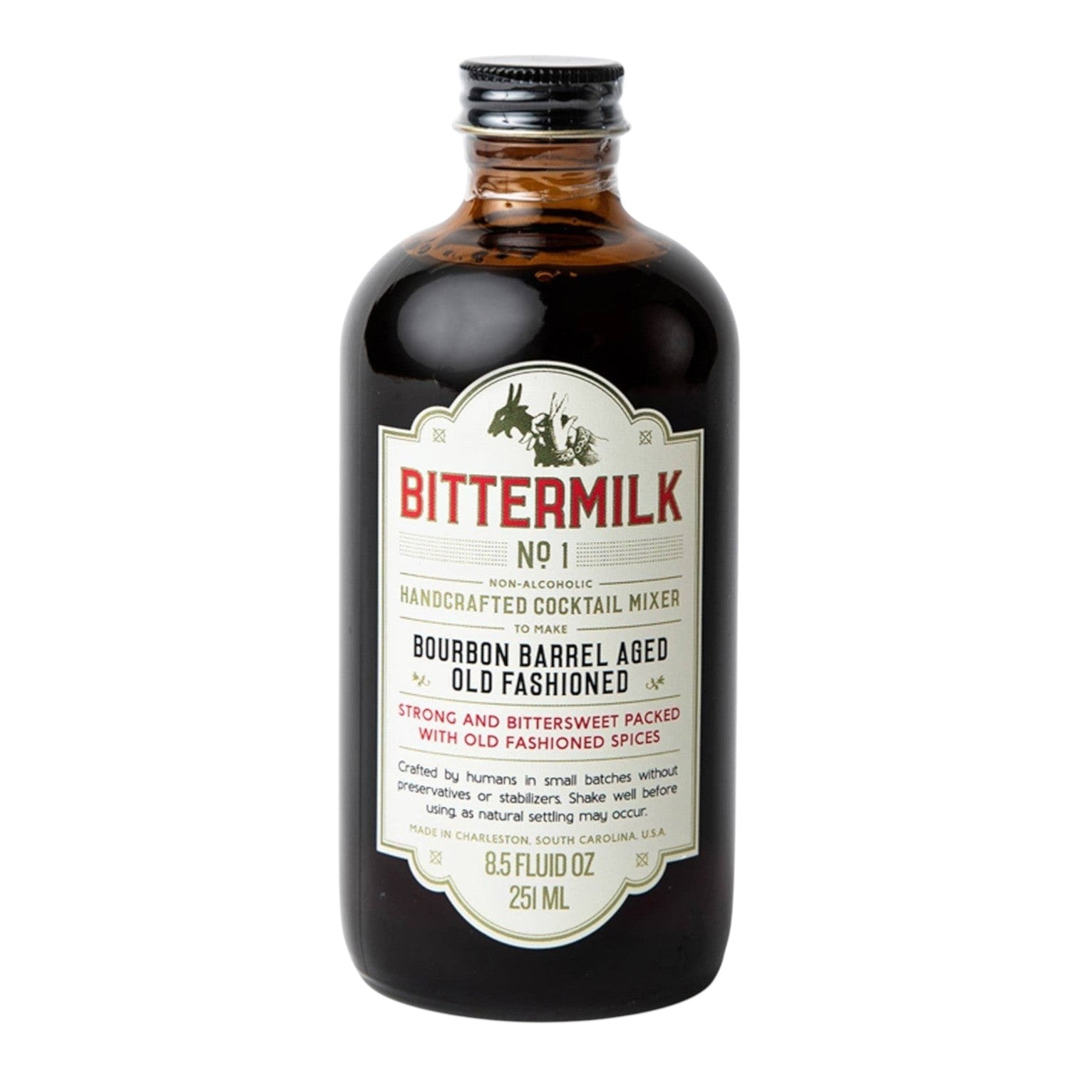 The Tiny Finch Bittermilk No. 1 bourbon barrel aged old fashioned cocktail mixer in a glass bottle