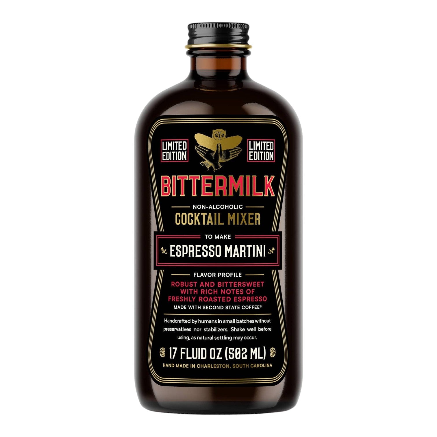 The Tiny Finch Bittermilk Espresso Martini cocktail mixer in a 17 fl oz glass bottle with a black label.