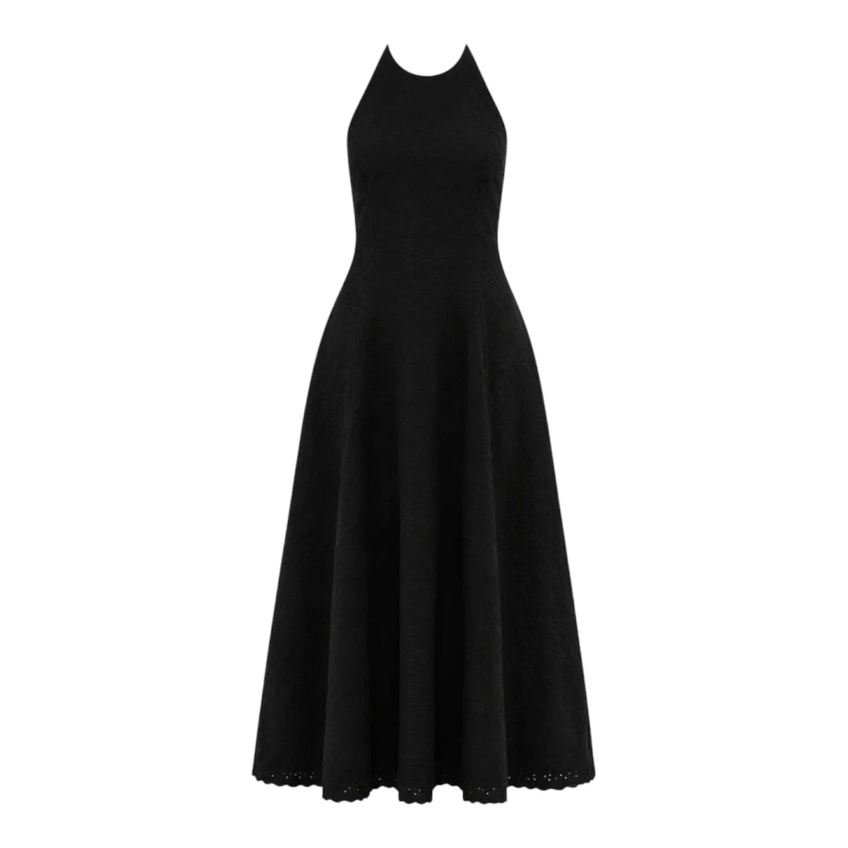 The Tiny Finch black broderie anglaise maxi dress with a halter neckline and A-line skirt.