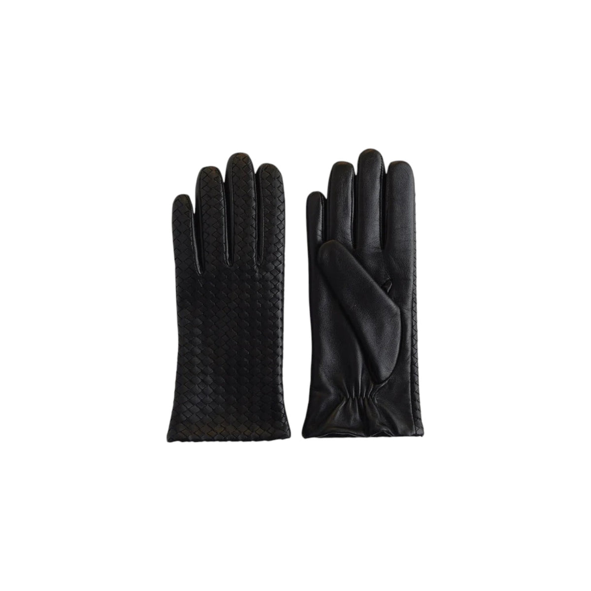 The Tiny Finch Bembien black lambskin leather gloves with handwoven back and smooth palm, lined with soft cashmere.