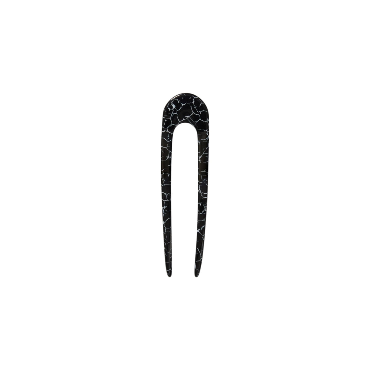 The Tiny Finch French hair pin in black marble Italian acetate with a classic U-shaped design for all hair types.
