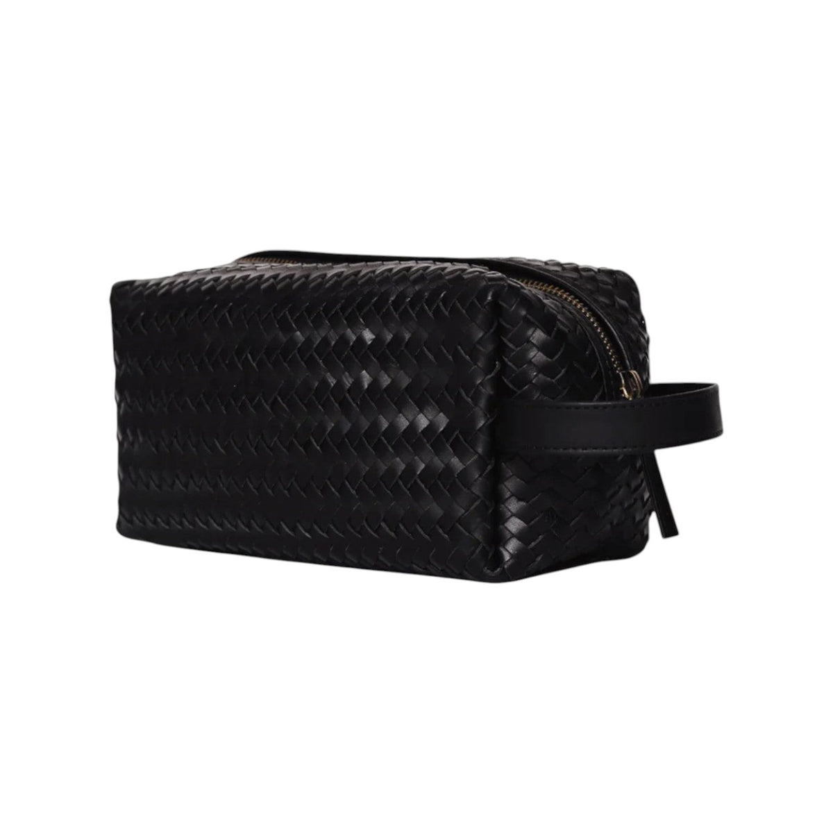 The Tiny Finch black woven leather dopp kit with a side handle and zipper closure for travel toiletries.