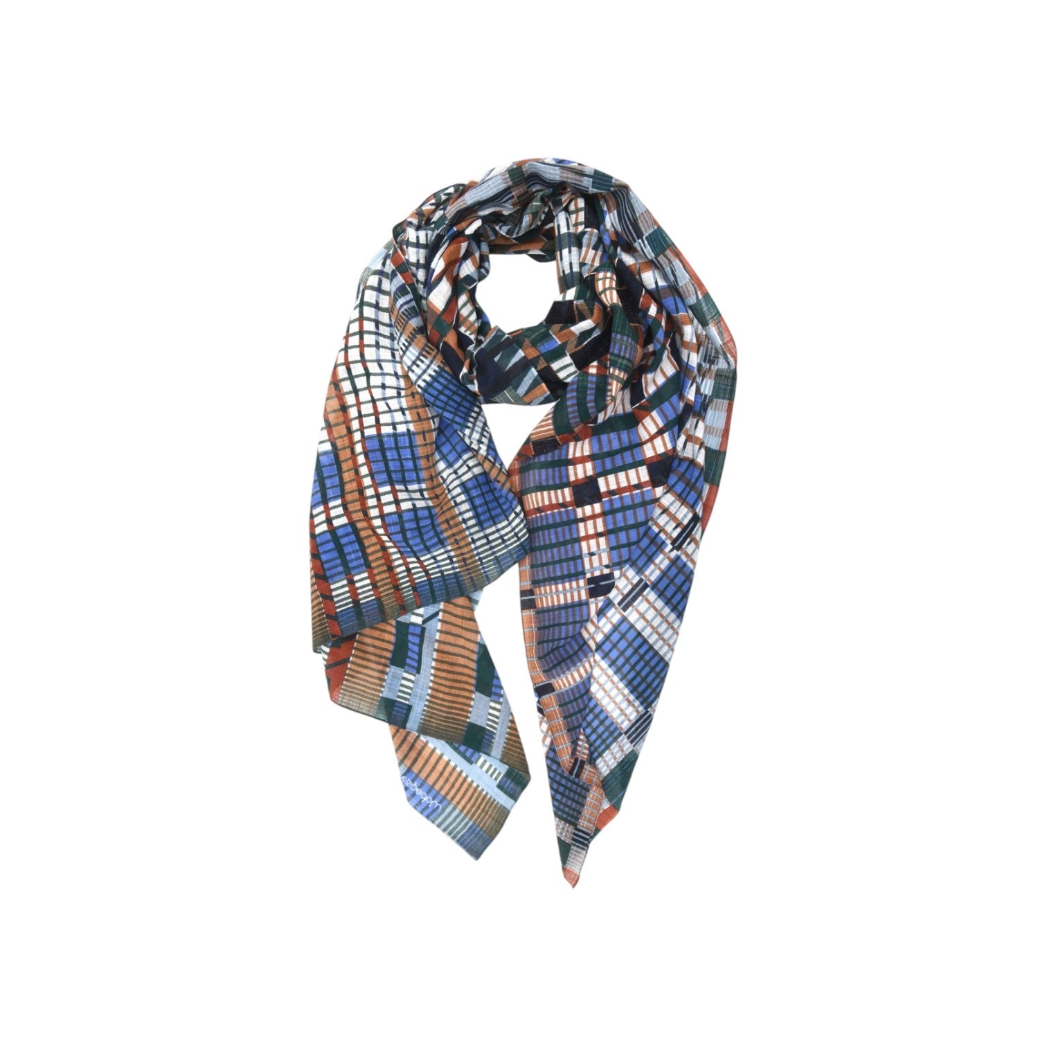 The Tiny Finch blue and orange tartan pattern cotton veil scarf with a lightweight textured finish.