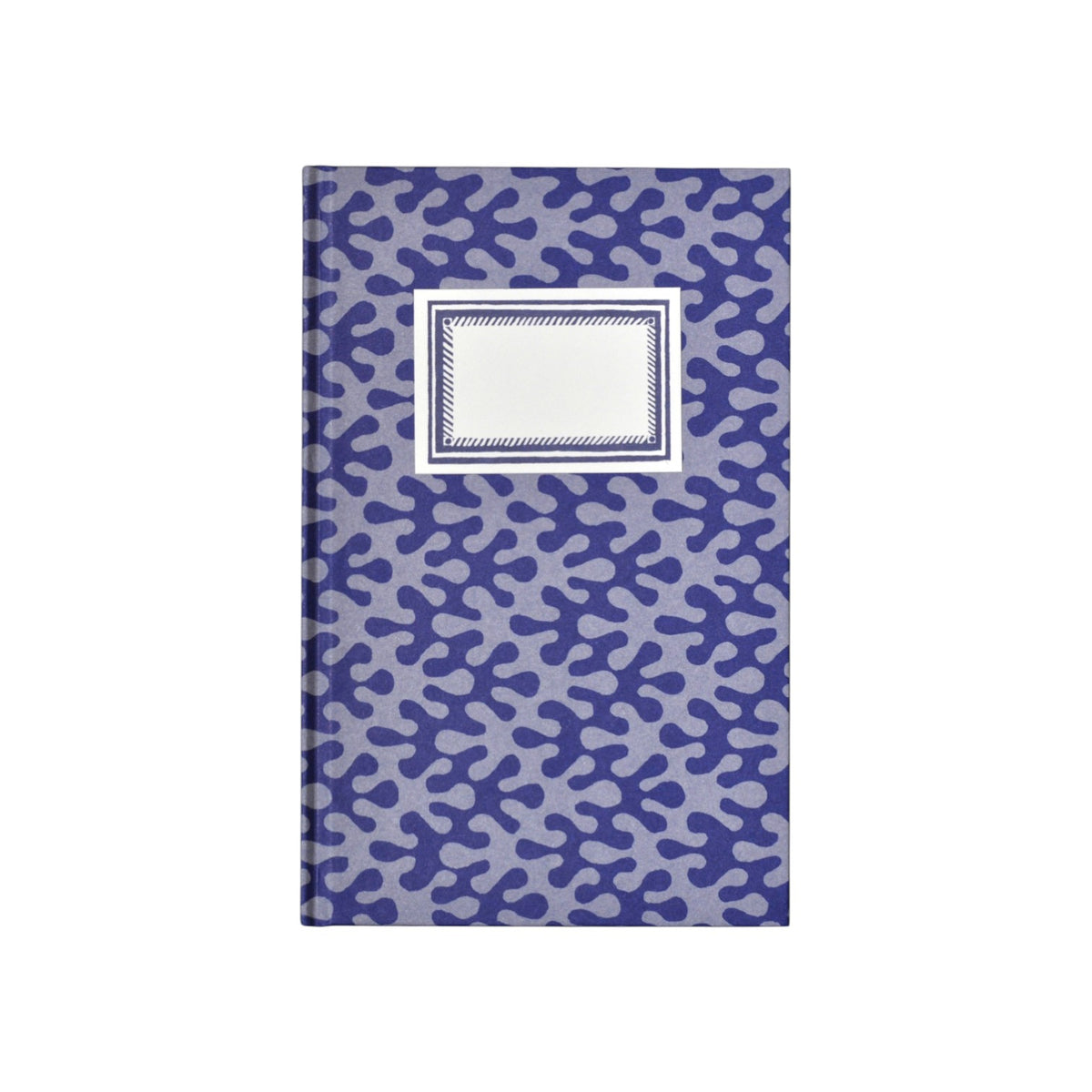 The Tiny Finch hardback notebook in blueberry kelp pattern with a cream label on a blue patterned paper cover.