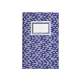 The Tiny Finch hardback notebook in blueberry kelp pattern with a cream label on a blue patterned paper cover.