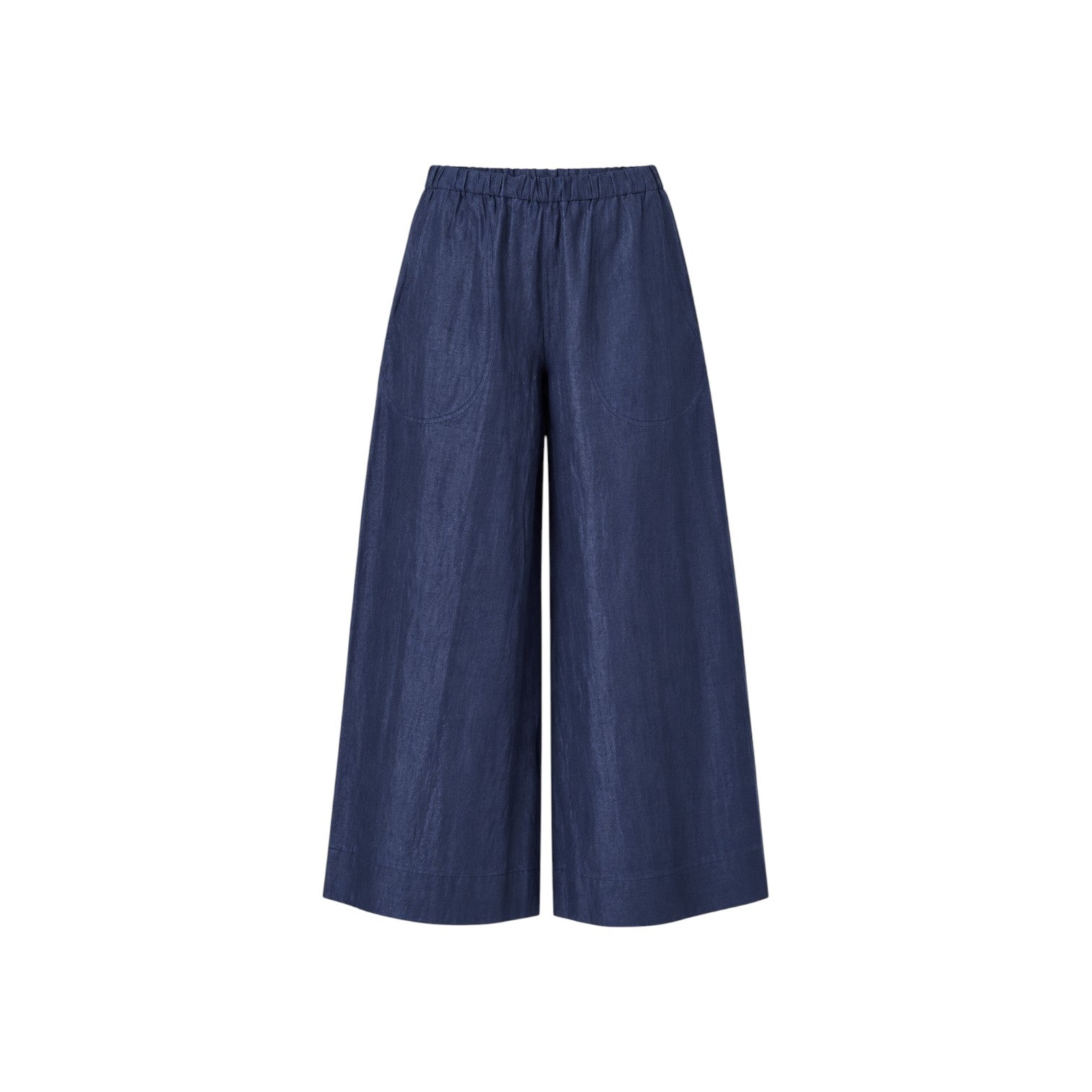 The Tiny Finch Blueberry wide-leg pants in dark blue cotton linen blend with elastic waistband and side pockets.