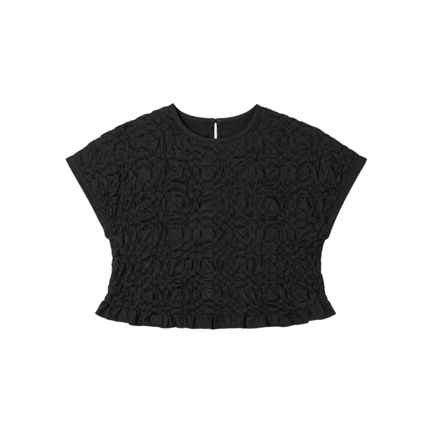 The Tiny Finch Bonn black cropped top in 100% cotton poplin with intricate hand-smocked texture and ruffled hem.