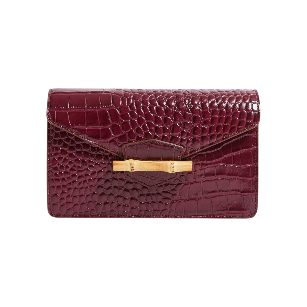 The Tiny Finch Pamela Munson Jackie Bag in bordeaux croc-embossed leather with a bamboo closure front view