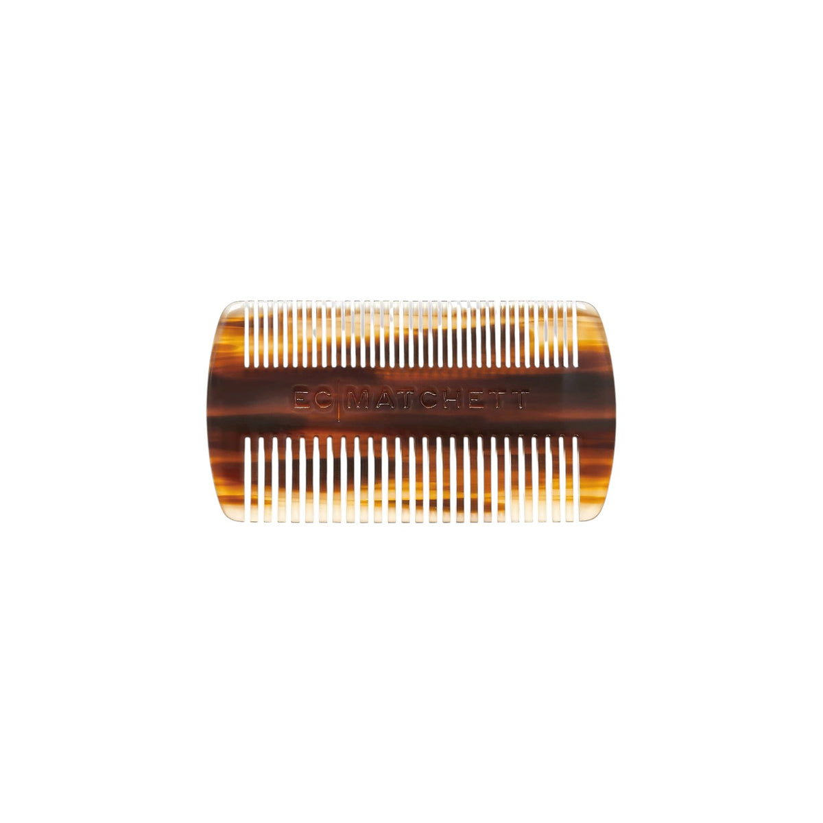 The Tiny Finch Bourbon beard comb in brown tortoiseshell Italian acetate with medium and wide teeth for grooming.