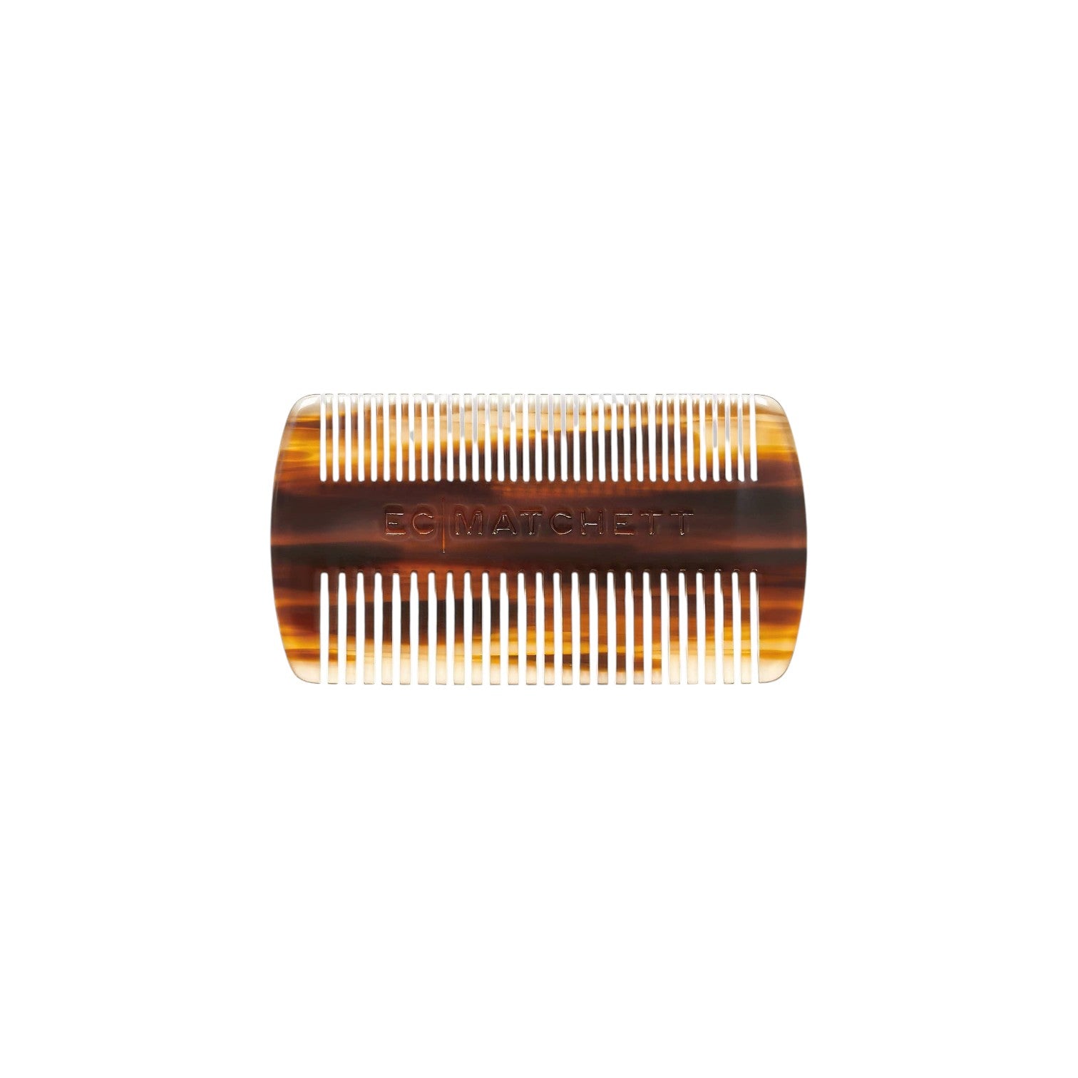 The Tiny Finch Bourbon beard comb in brown tortoiseshell Italian acetate with medium and wide teeth for grooming.