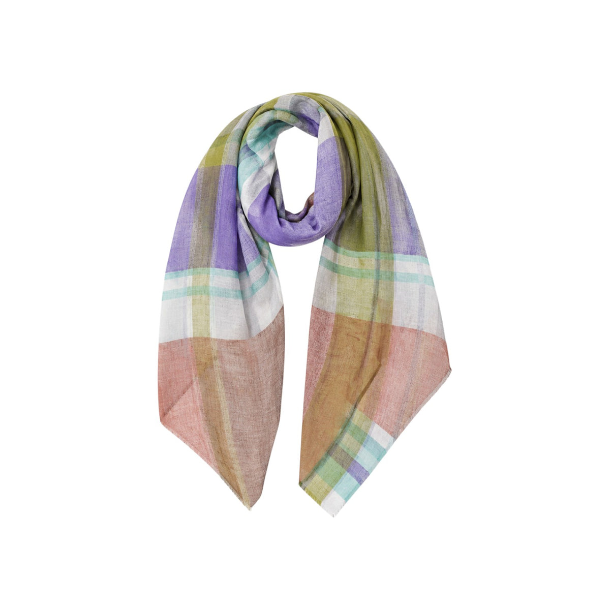 The Tiny Finch Divine scarf featuring a soft grey marl background with a multi-coloured block print in brown and green