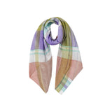 The Tiny Finch Divine scarf featuring a soft grey marl background with a multi-coloured block print in brown and green