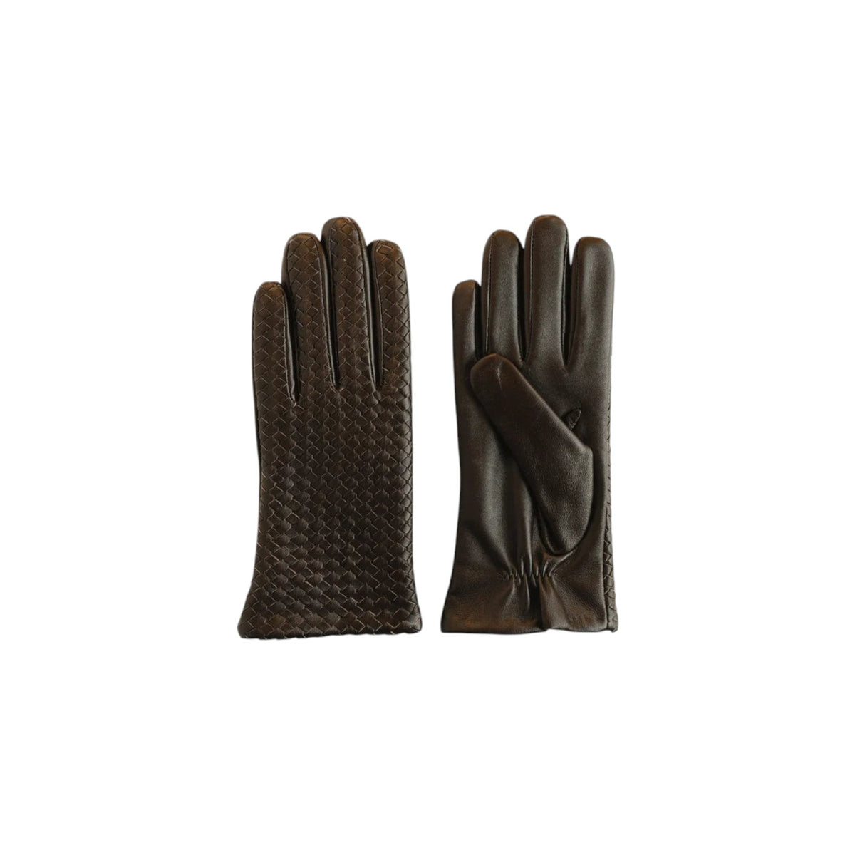 The Tiny Finch Emil brown lambskin leather gloves with handwoven back and smooth palm, lined with soft cashmere.