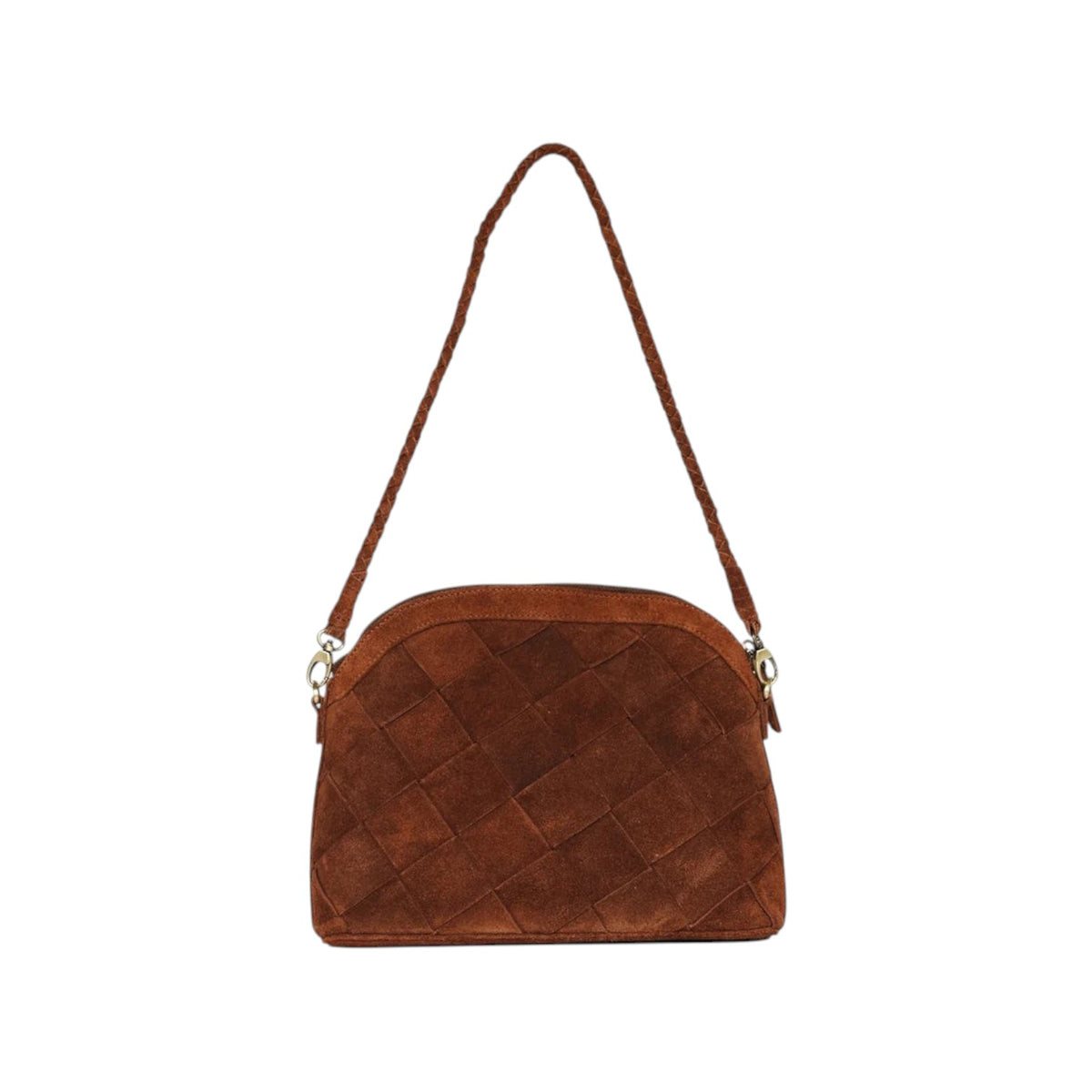 The Tiny Finch Bembien Mini Carmen brown suede shoulder bag with a handwoven Grande Weave and braided shoulder strap.
