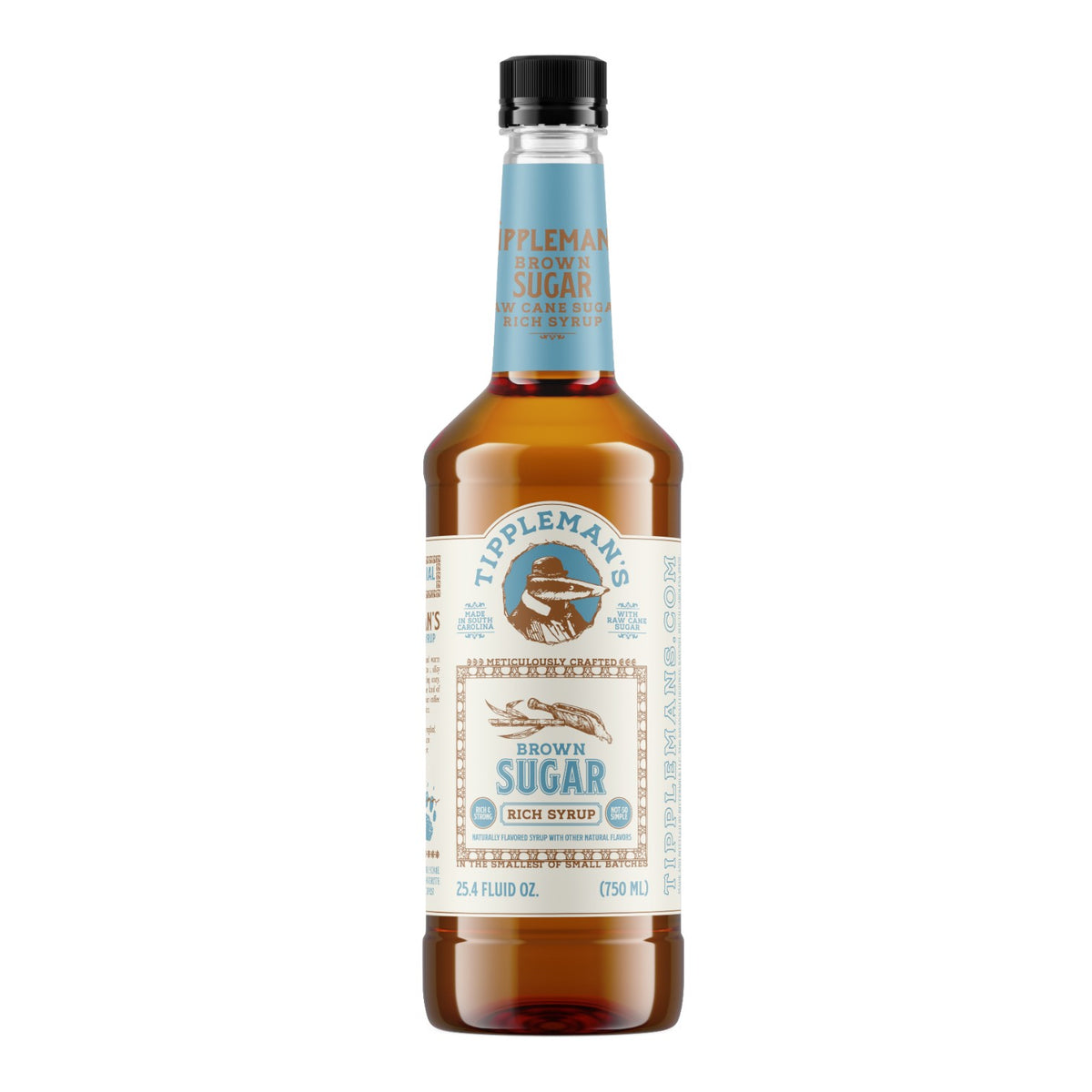 The Tiny Finch Tippleman's brown sugar coffee syrup in a 750ml glass bottle with a light blue label.