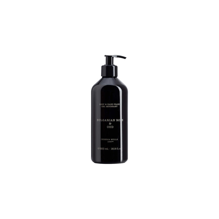 The Tiny Finch Cereria Molla Bulgarian Rose & Oud hand and body wash in a sleek black pump bottle.