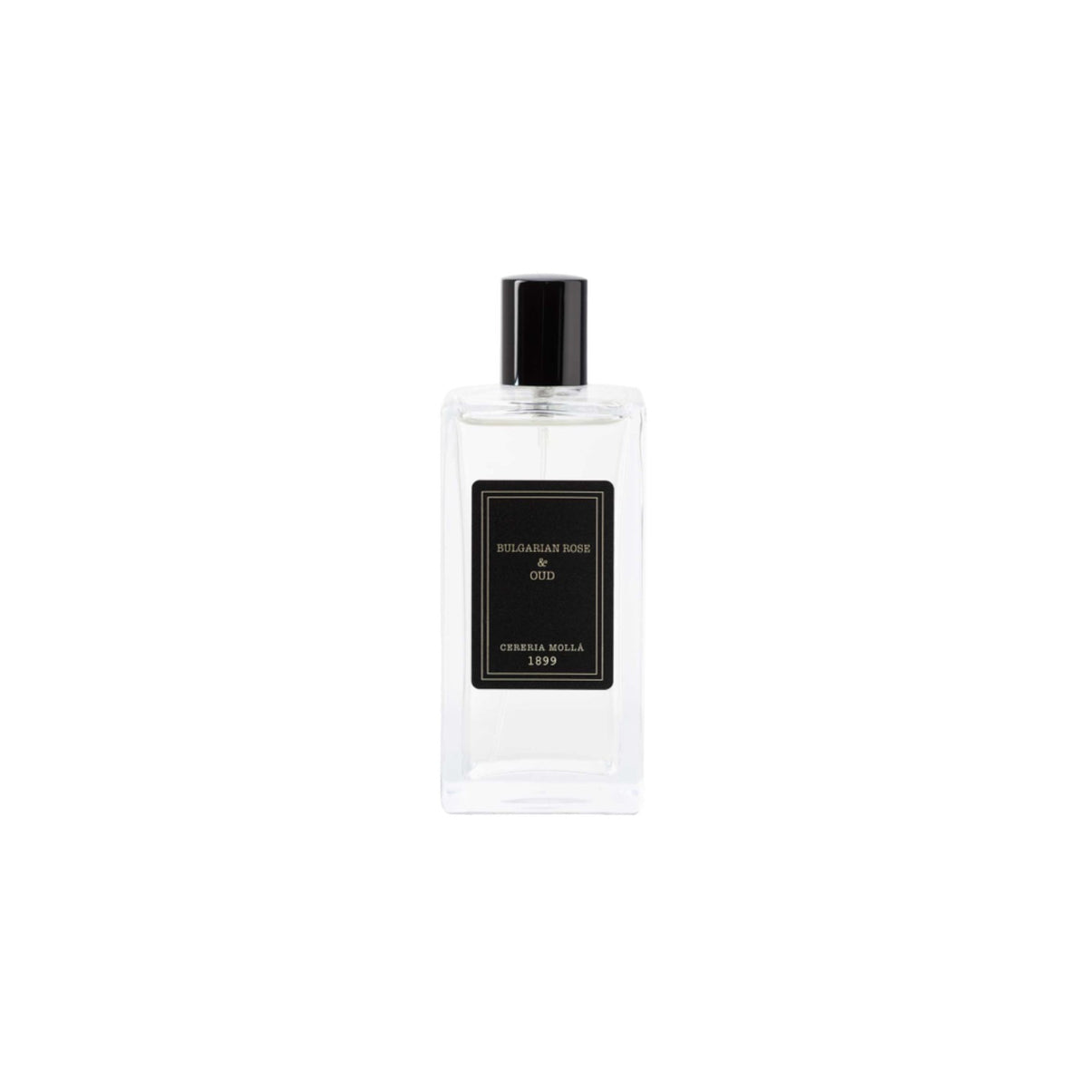 The Tiny Finch Cereria Molla Bulgarian Rose & Oud room spray in a clear glass bottle with a black label and cap.