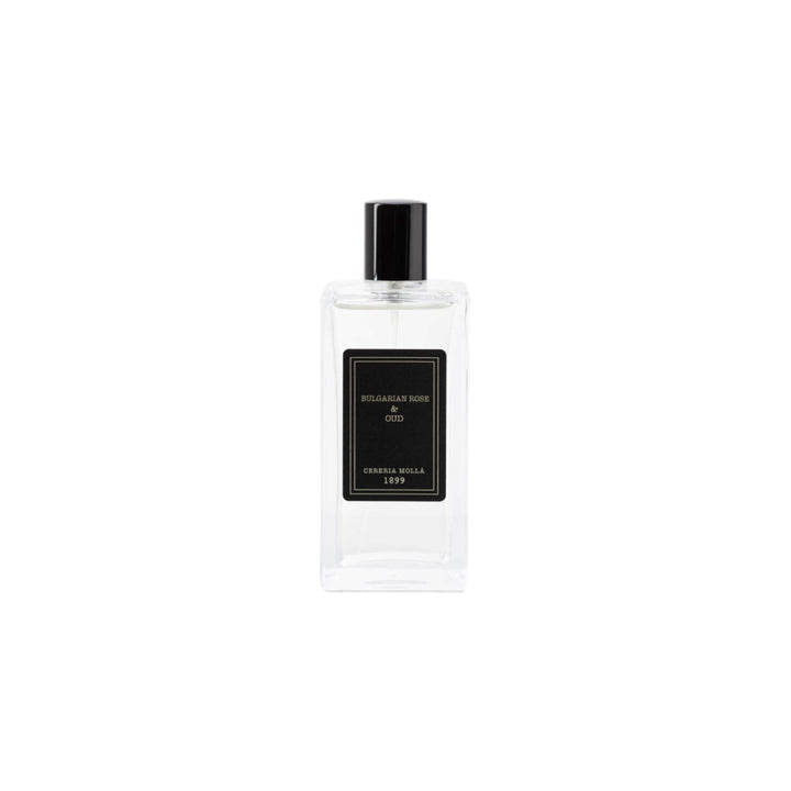 The Tiny Finch Cereria Molla Bulgarian Rose & Oud room spray in a clear glass bottle with a black label and cap.