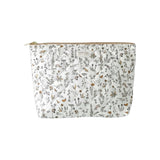 The Tiny Finch Camille baby toiletry bag in white quilted Liberty cotton with a floral and animal print pattern.