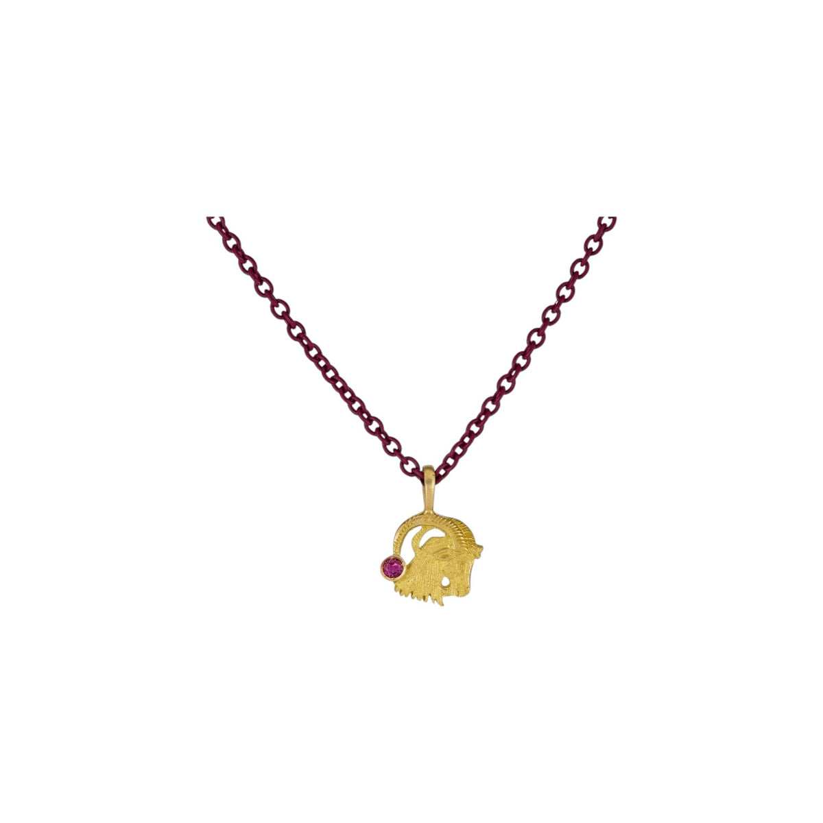 The Tiny Finch 18k yellow gold Capricorn zodiac pendant with a rhodolite garnet on a dark red chain.
