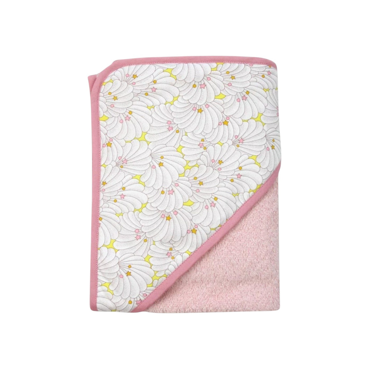 The Tiny Finch Cassandre baby bath towel with pink sponge loop and white Liberty fabric featuring shell patterns.