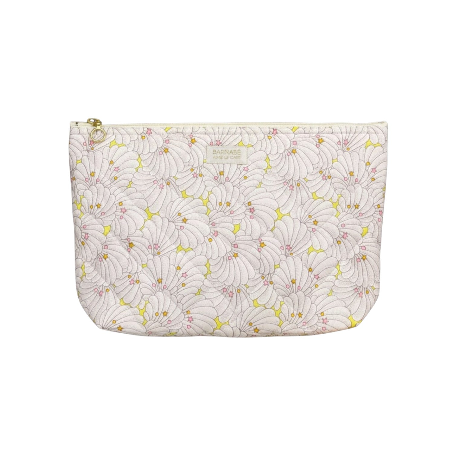 The Tiny Finch Cassandre baby toiletry bag in quilted Liberty fleece fabric with a shell and star pattern
