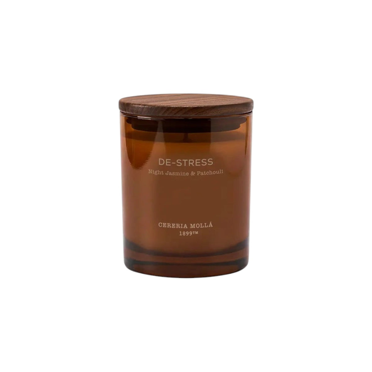 The Tiny Finch Cereria Molla De-Stress jasmine and patchouli scented candle in a brown glass jar with a wooden lid.