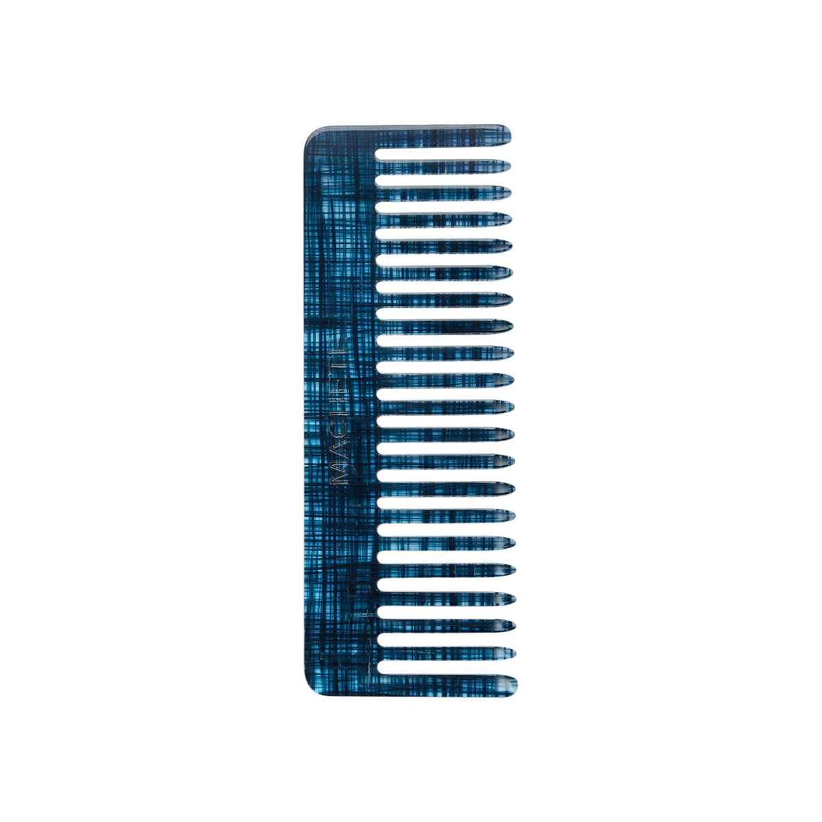 The Tiny Finch No. 2 wide-tooth comb in a blue chambray patterned Italian acetate for all hair types.