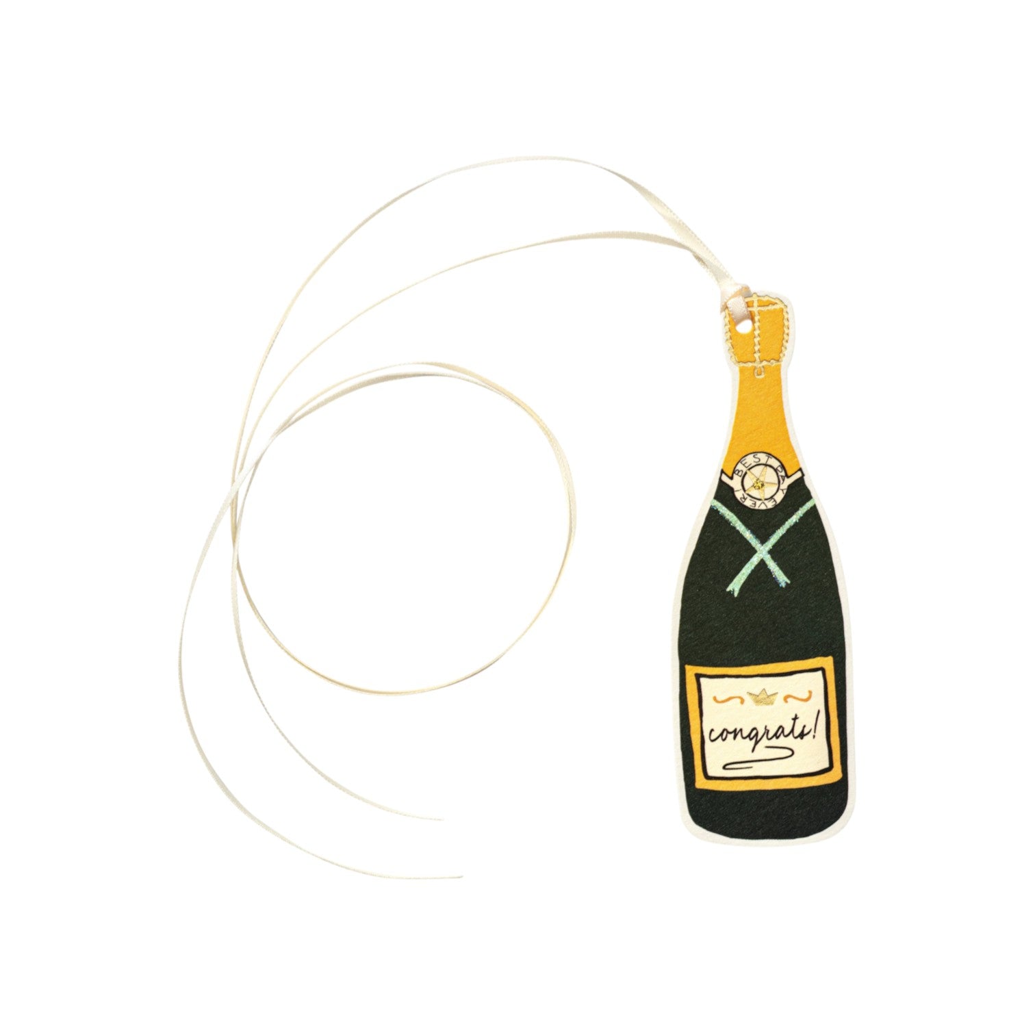The Tiny Finch champagne bottle gift tag in natural white paper with gold foil accents and a white ribbon tie.